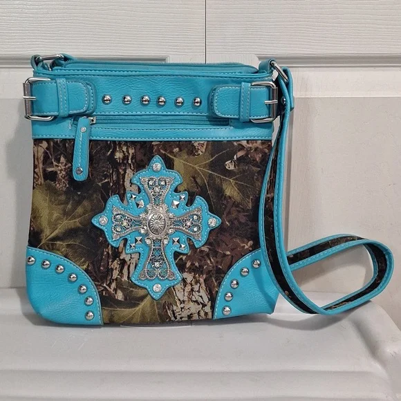 Faux leather and camouflage canvas studded rhinestone crossbody bag - teal/green - Picture 1 of 12